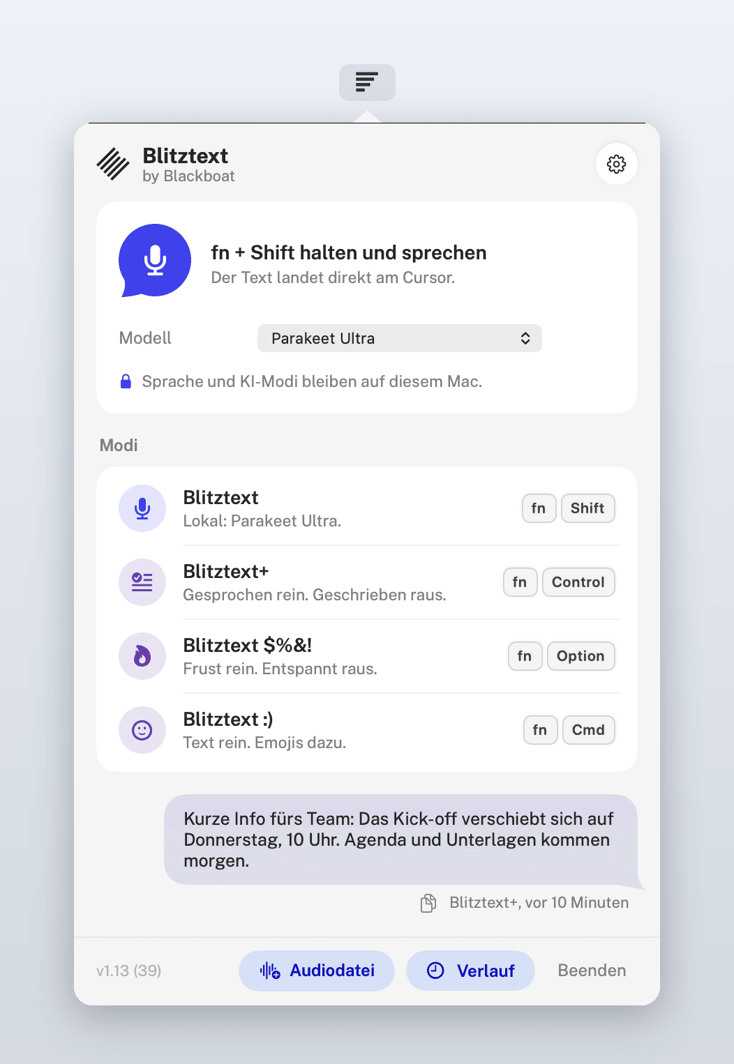 Blitztext in der Menüleiste: Sprechblase zum Diktieren, die vier Modi mit ihren Kürzeln und der letzte Text als Nachricht